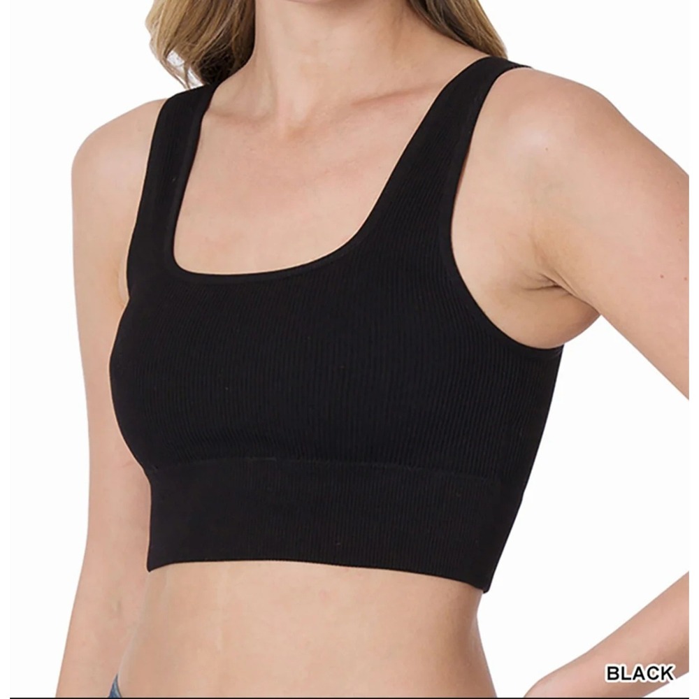 Zenana Ribbed Square Neck Cropped Tank Top with Bra Pads Black L/XL